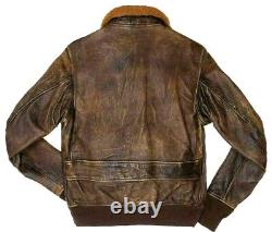 G-1 Military Flight Distressed Brown Bomber Real Leather Jacket Real Fur XS-5XL
