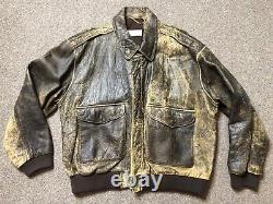 GAVIN BROWN Brown Distressed Leather Bomber Jacket With Back Motif Sz XL / 42