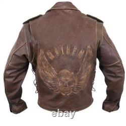 Gallanto Distressed Leather Motorcycle Biker Jacket with Embossed Flying Skull