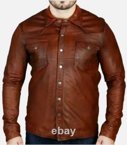 Handmade Men's Dark Brown Distressed Genuine Leather Shirt Men's Brown Distress