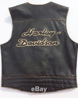 Harley Davidson Distressed Black Leather Vest Bronco Men's Large Brown