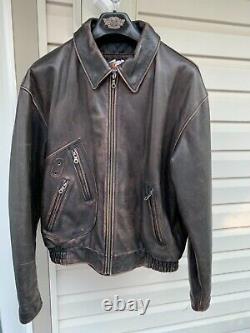 Harley Davidson Leather Jacket D Pocket Distressed Brown Bomber Men's Large
