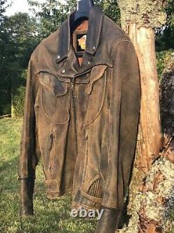 Harley Davidson Vintage billings jacket L brown distressed zip bar braided