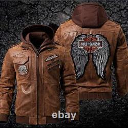 Harley Hooded Brown HD Biker Vintage Distressed Mens Genuine Real Leather Jacket