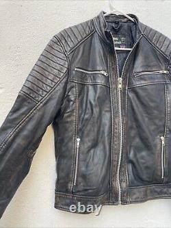 House of Leather London Leather Biker Jacket Mens Small 42 Black Brown Distress