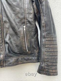 House of Leather London Leather Biker Jacket Mens Small 42 Black Brown Distress