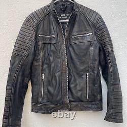 House of Leather London Leather Biker Jacket Mens Small 42 Black Brown Distress