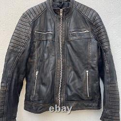 House of Leather London Leather Biker Jacket Mens Small 42 Black Brown Distress