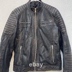 House of Leather London Leather Biker Jacket Mens Small 42 Black Brown Distress