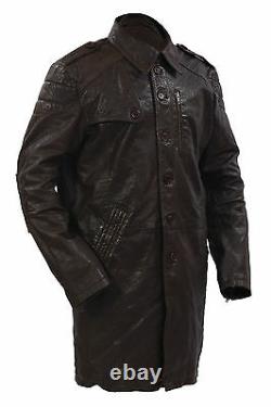 Infinity Men's Long Military Soft Distressed Brown Leather Trench Coat
