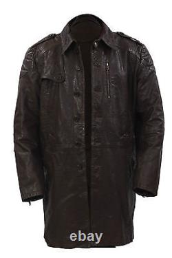 Infinity Men's Long Military Soft Distressed Brown Leather Trench Coat