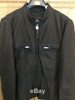 J. Crew Mens Brown Leather Racer Jacket hand distressed Size Small NEW rare NOS