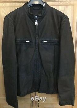 J. Crew Mens Brown Leather Racer Jacket hand distressed Size Small NEW rare NOS