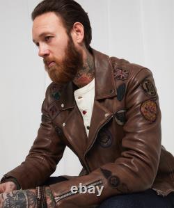 Joe Browns Men's Vintage Distressed Leather Embroidered Badge Zip Detail Biker