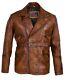 Leather Jacket For Men Distressed 3/4 Long Coat Eddie Bomber Real Biker Brown