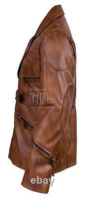 Leather Jacket for Men Distressed 3/4 Long Coat Eddie Bomber Real Biker Brown