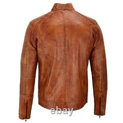 Leatherick Mens Distressed Tan Brown Genuine Leather Cafe Racer Biker Jacket