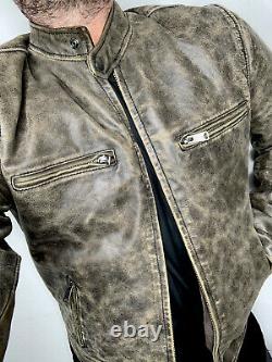 Lucky Brand Small Distressed Leather Jacket Brown Cafe Racer Bonneville VTG Coat