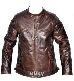 MENS DISTRESS LEATHER JACKET BROWN FASHION Slim Fit LEATHER CRUNCH JACKET