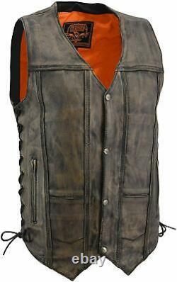 MENS MOTORCYCLE 10 POCKETS DISTRESSED BROWN LEATHER VEST with SIDE LACES USA41