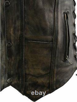 MENS MOTORCYCLE 10 POCKETS DISTRESSED BROWN LEATHER VEST with SIDE LACES USA41
