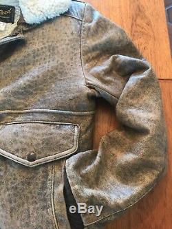 MENS Reed SHERPA Distressed BROWN LEATHER BOMBER FLIGHT JACKET 38 Small USA Coat