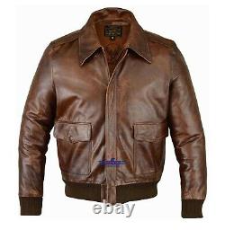 Men A-2 Real Leather Brown Aviator Pilot Field Jacket Fly Jacket Bronco Bomber