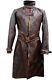 Men Aiden Pearce Real Leather Cafe Racer Biker Long Distressed Brown Trench Coat