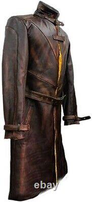 Men Aiden Pearce Real Leather Cafe Racer Biker Long Distressed Brown Trench Coat