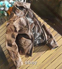 Men American Vintage Style Teacore Calfskin Leather Jacket Embroidery Distressed