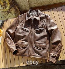 Men American Vintage Style Teacore Calfskin Leather Jacket Embroidery Distressed