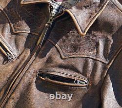 Men American Vintage Style Teacore Calfskin Leather Jacket Embroidery Distressed