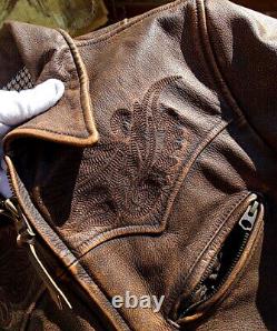 Men American Vintage Style Teacore Calfskin Leather Jacket Embroidery Distressed