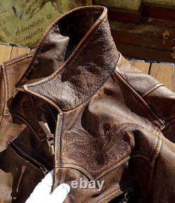 Men American Vintage Style Teacore Calfskin Leather Jacket Embroidery Distressed