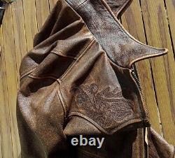 Men American Vintage Style Teacore Calfskin Leather Jacket Embroidery Distressed