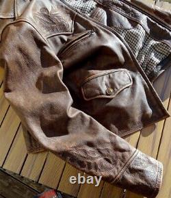 Men American Vintage Style Teacore Calfskin Leather Jacket Embroidery Distressed