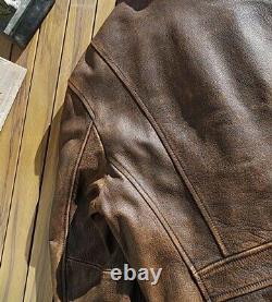 Men American Vintage Style Teacore Calfskin Leather Jacket Embroidery Distressed