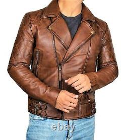 Men Biker Brown Vintage Motorcycle Distressed Cafe Racer Real Leather Jacket