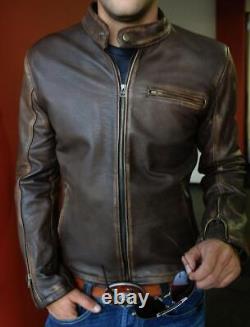 Men Biker Vintage Motorcycle Distressed Brown Cafe Racer Cowhide Leather Jacket