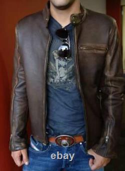 Men Biker Vintage Motorcycle Distressed Brown Cafe Racer Cowhide Leather Jacket