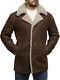 Men Classic Leather Genuine Sheepskin German Distressed Long Coat Vintage Brown