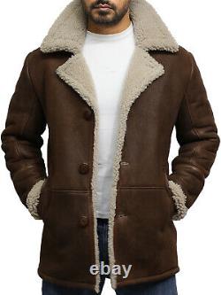 Men Classic Leather Genuine Sheepskin German Distressed Long Coat Vintage Brown