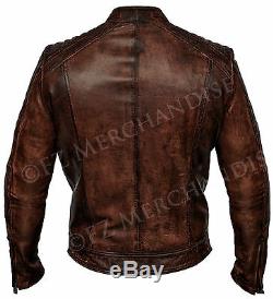 Men Distressed Biker Vintage Antique Brown Cafe Racer Real Winter Leather Jacket