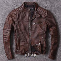 Men Distressed Brown Motorcycle Leather Jacket Fashion Biker Real Leather Jacket