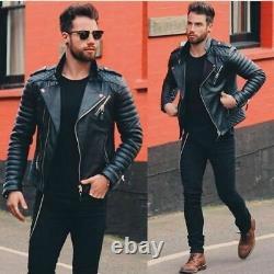 Men Genuine Lambskin Quilted Real Leather Motorcycle Slim fit Biker Jacket