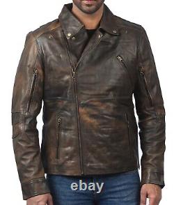 Men Leather Jacket Triple Stitch Double Breast Distressed Brown Leather Jacket