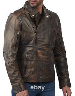 Men Leather Jacket Triple Stitch Double Breast Distressed Brown Leather Jacket