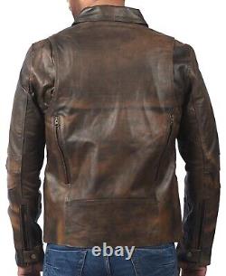 Men Leather Jacket Triple Stitch Double Breast Distressed Brown Leather Jacket