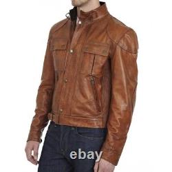 Men Real Leather Jacket Tan Brown Motorcycle Jacket Distressed Biker Jacket -FV