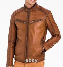 Men Tan Brown Motorcycle Lambskin Aviator Casual Distressed Wax Leather Jacket